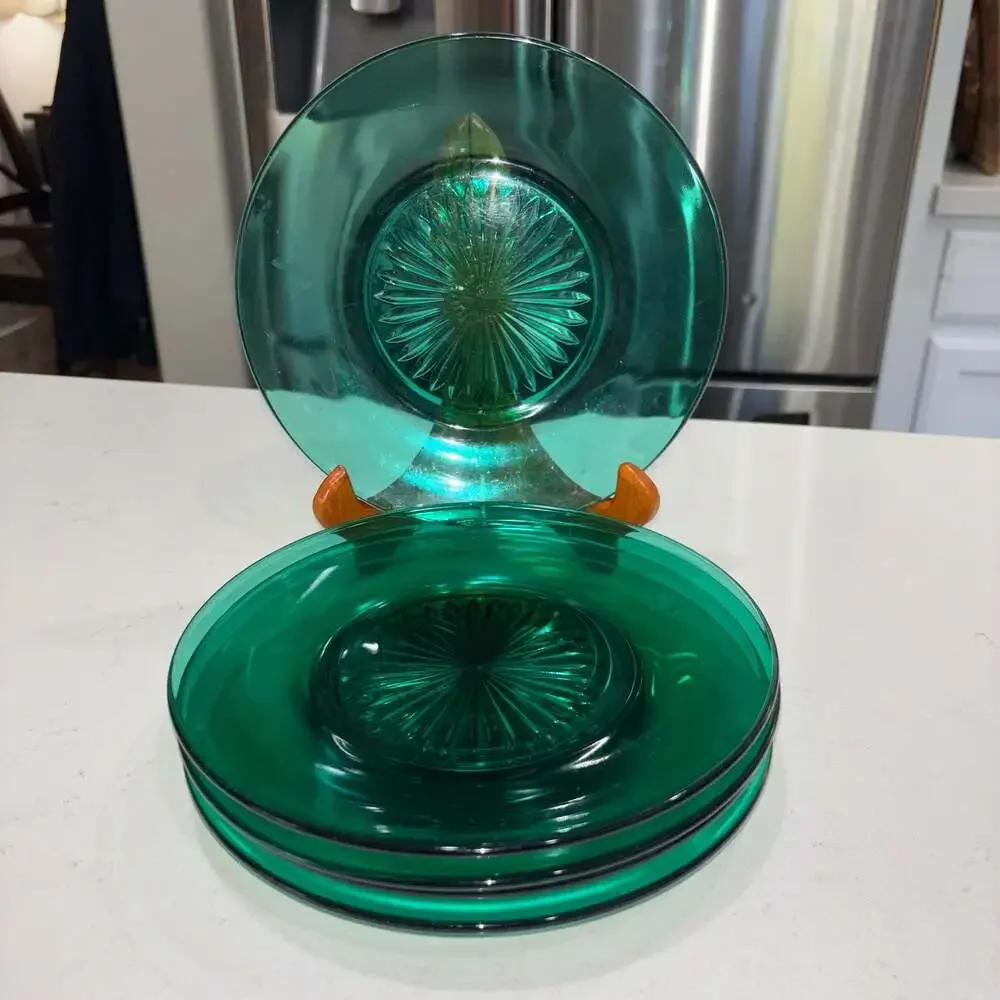Vintage Emerald Green Pressed Glass Starburst Center Salad Plates Set of 5